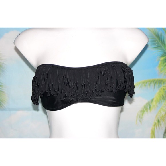 American Eagle AEO Bikini Swim Top Black Fringed Bandeau Tie Back Size M - Picture 2 of 7
